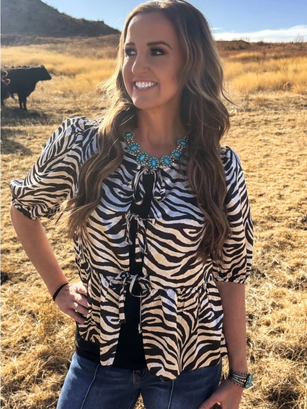 Zebra-Print Tie-Front Blouse in Black & White